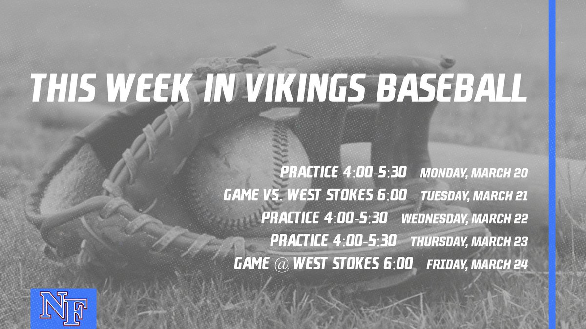 NoFo_Baseball's tweet photo. Check out this week's Vikings Baseball schedule. Practices on Monday, Wednesday, and Thursday. Home game vs. West Stokes on Tuesday. At West Stokes on Friday. https://t.co/IhBSytdI42