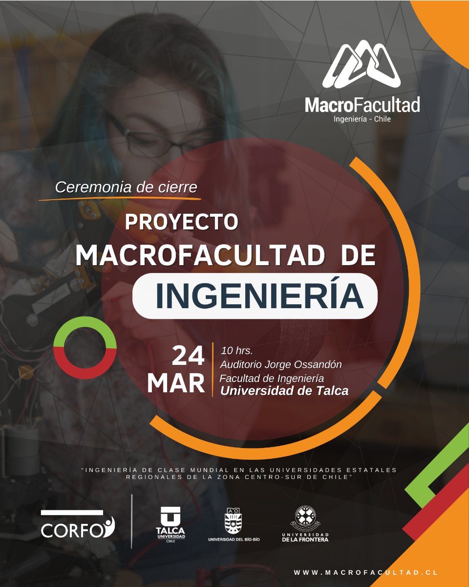 🔹Les informamos a nuestra comunidad que el próximo  viernes 24 de marzo a las 10:00 hrs. se realizará la "Ceremonia de cierre del Proyecto Macrofacultad de Ingeniería".

📍Lugar: Auditorio Jorge Ossandón de la Facultad de Ingeniería, Campus Curicó.

<a href="/MacroFacultad/">MacroFacultad 2030</a> <a href="/ingUtalca/">Ingeniería UTalca</a>