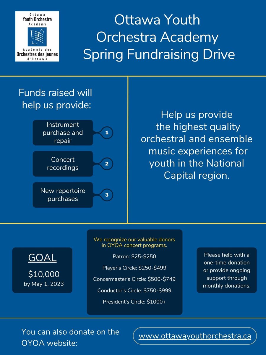 It's time for our Spring Fundraising drive! Your contribution makes a huge difference to our families &amp; helps us provide high quality, low cost lessons, ensembles &amp; orchestral experiences for youth. Here's the link to donate, or visit our website!
canadahelps.org/en/dn/11028?v2…
