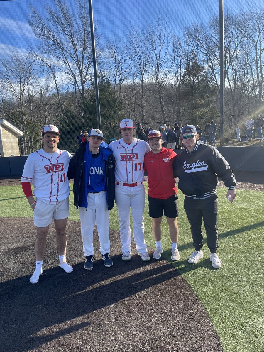 sjp_baseball's tweet photo. Yesterday @WPIBaseball hosted @Monks_Baseball where we had 5 alumni get to catch up postgame. From L to R: Gavin George SJP 21’ Cam Wodarski SJP 22’ Jack Mahoney SJP 21’ DJ Brooks SJP 20’ and Dylan Wodarski SJP 22’ who came to see the boys play! #Day17Alumni #AlwaysEagles https://t.co/BK753EOKyr