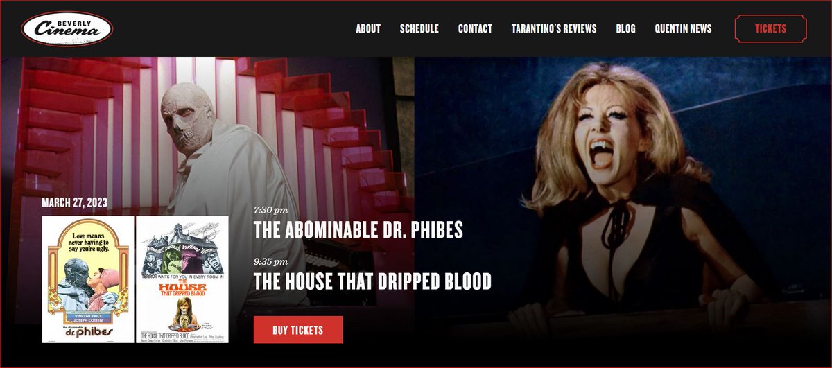 PhibesForever's tweet image. “My favorite double feature of my childhood” - Quentin Tarantino, Cinema Speculation. Celebrate Quentin&apos;s birthday with a double bill of THE ABOMINABLE DR. PHIBES and THE HOUSE THAT DRIPPED BLOOD! #DrPhibes #DrAntonPhibes #NewBeverlyCinema #QuentinTarrantino #VincentPrice