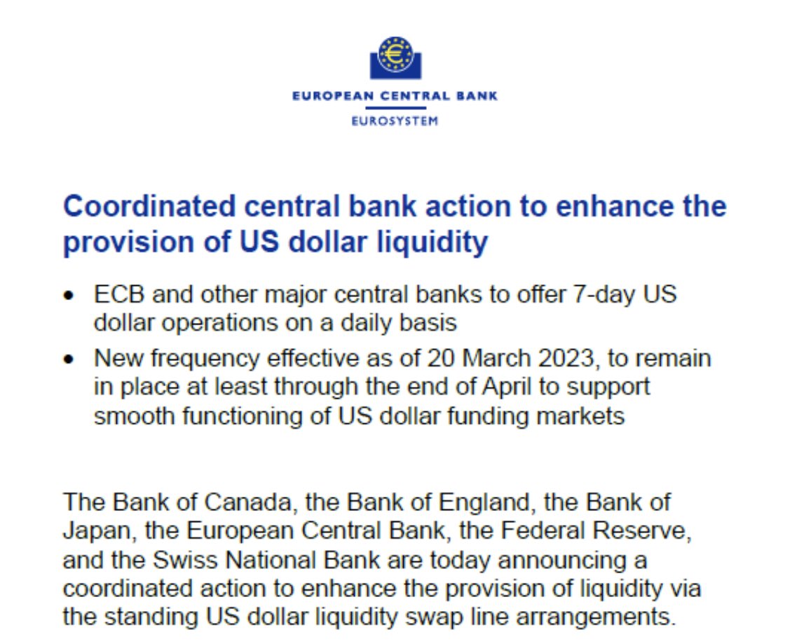 Action coordonnée de plusieurs banques centrales pour assurer la liquidité en dollar à compter de demain et jusqu’à fin avril 👇
