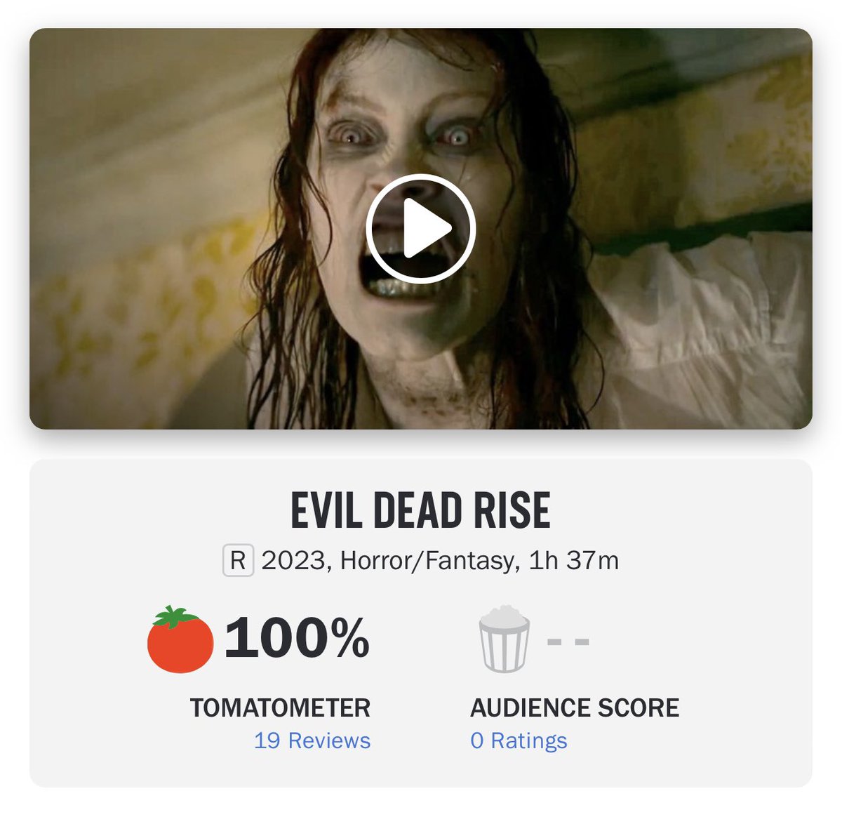 The Hollywood Handle on X: 'EVIL DEAD RISE' opens with 100% on Rotten  Tomatoes 🍅 Read our first reaction here, our full review drops soon:    / X