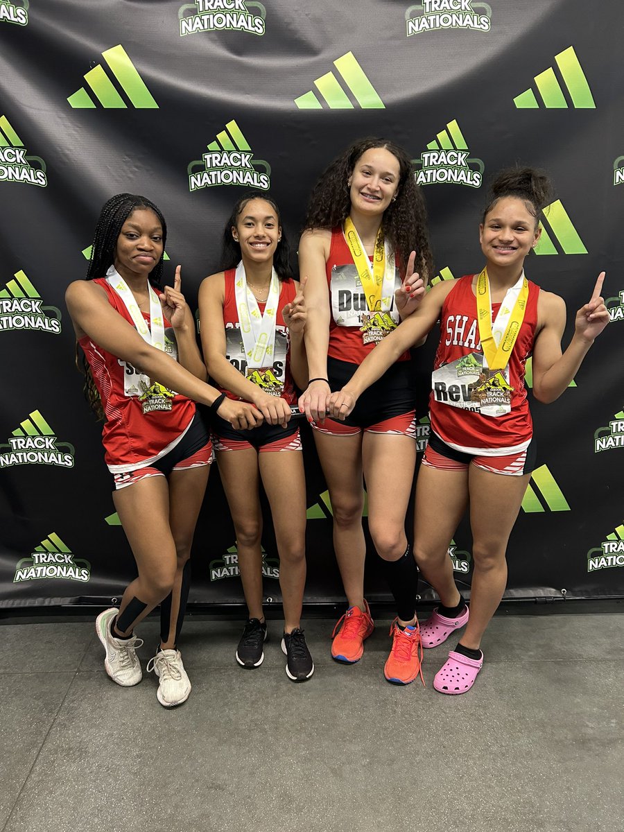 agoody66's tweet photo. Shaker Heights Lady Raiders finish in 1st place in the 4x400 relay at the Adidas National Championship!  Mariah Revels, Kyla Taress, Sydney Stevenson, and Claire Dunn represent Shaker Heights with a roar. They were in it to win it! @agoody66 @raidersofshaker @shakerschools https://t.co/0WPgjLpHM1