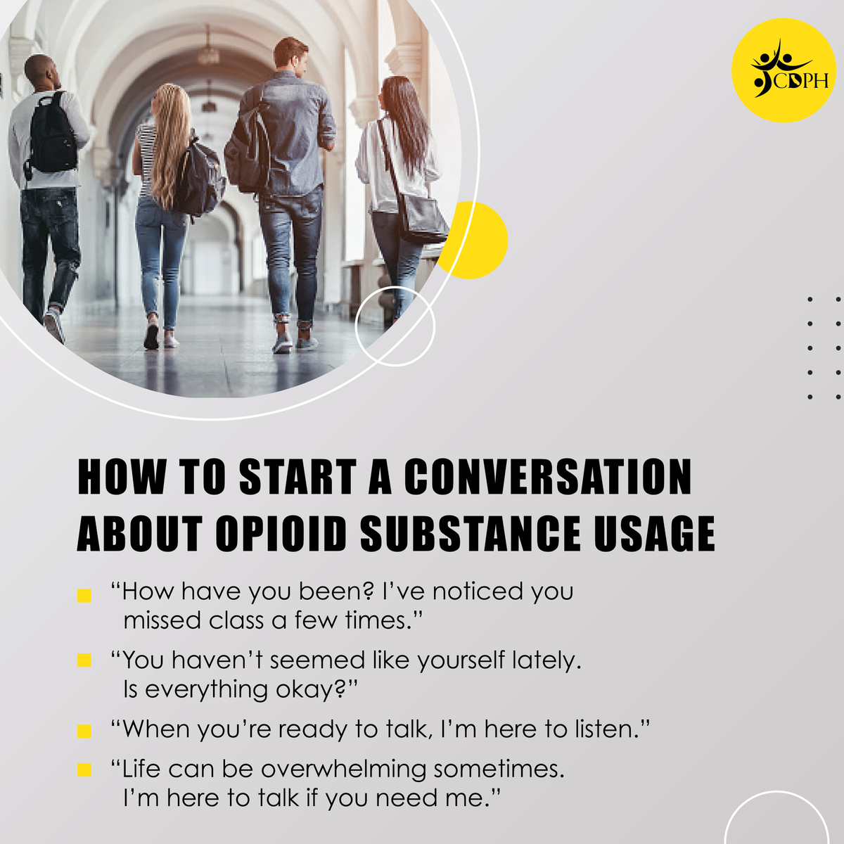 Start a conversation with a roommate, teammate, classmate or friend that you’re worried might have a problem with opioids or other substances. Free, confidential, 24/7 support is available at 1-800-662-4357. Treatment locator: findtreatment.samhsa.gov