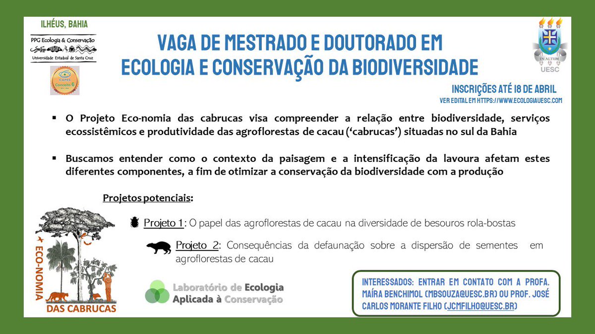 Jose Carlos Morante (@morante_filho) on Twitter photo O PPG Ecologia e Conservação da Uesc está com processo seletivo aberto. ecologiauesc.com/post/processo-… Interessados em desenvolver projetos relacionados as temáticas do cartaz podem entrar em contato com os profs Maira Benchimol e Jose carlos Morante filho. <a href="/BenchimolMaira/">Maíra Benchimol</a> <a href="/Leac_Uesc/">Applied Ecology & Conservation Lab - LEAC</a> O PPG Ecologia e Conservação da Uesc está com processo seletivo aberto. ecologiauesc.com/post/processo-… Interessados em desenvolver projetos relacionados as temáticas do cartaz podem entrar em contato com os profs Maira Benchimol e Jose carlos Morante filho. <a href="/BenchimolMaira/">Maíra Benchimol</a> <a href="/Leac_Uesc/">Applied Ecology & Conservation Lab - LEAC</a>