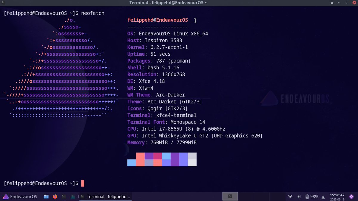 felippehdlinux's tweet image. #EndeavourOS #CassiniNova #Linux #GNULinux #Xfce #neofetch