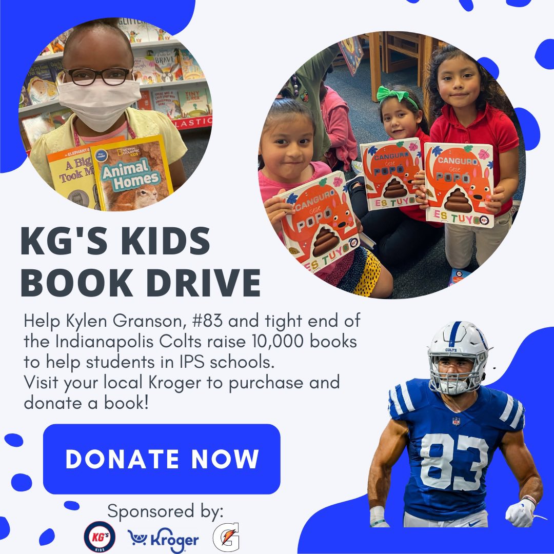 Join us and <a href="/theKCG18/">Kylen Granson</a> as we work to raise 10,000 books for Indianapolis youths! Visit your local <a href="/kroger/">Kroger</a> to donate a book today! #books #read #literacy #makingadifference #givingback