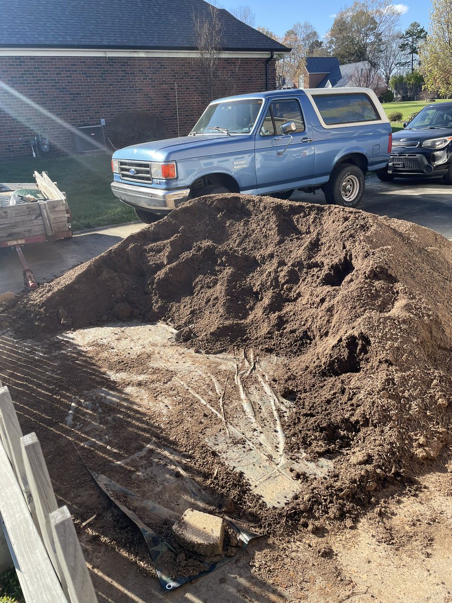 Got back from a weekend in Cullowhee to this pile of topsoil that needs to be moved from driveway to garden. Thank you, Martin for lending a hand (along with the chickens).