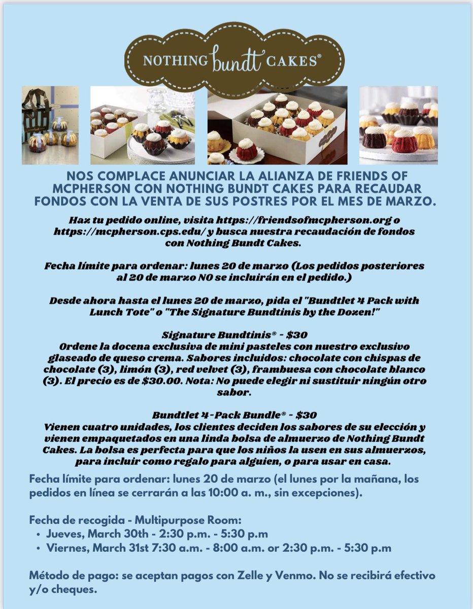 No Bundts about it!

Celebrate Spring Break by ordering online and picking up some sweet desserts from @nothingbundtcakes ! Online ordering form: 

docs.google.com/forms/u/1/d/e/…

Ordering ends Mon, March 20th at 10:00 a.m. 

Pick up your desserts on Thurs March 30th and Friday, 31st!