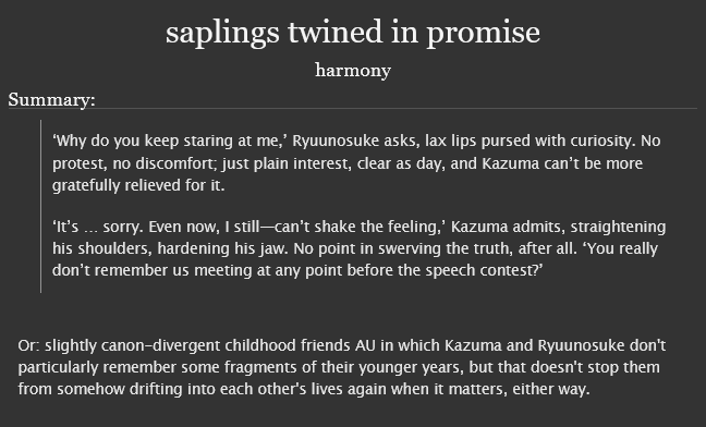 silverxharmony's tweet photo. #asoryuu, 5.5k words, complete. I looove the "they actually met/knew each other as kids &amp; forgot about it when they met again in adulthood" trope, so I just had to write it for @asryzine! This is an extended version of my zine fic btw 👀 Hope you enjoy! ❤️ https://t.co/bJJKaLjRyj https://t.co/AOsuHXEzwG