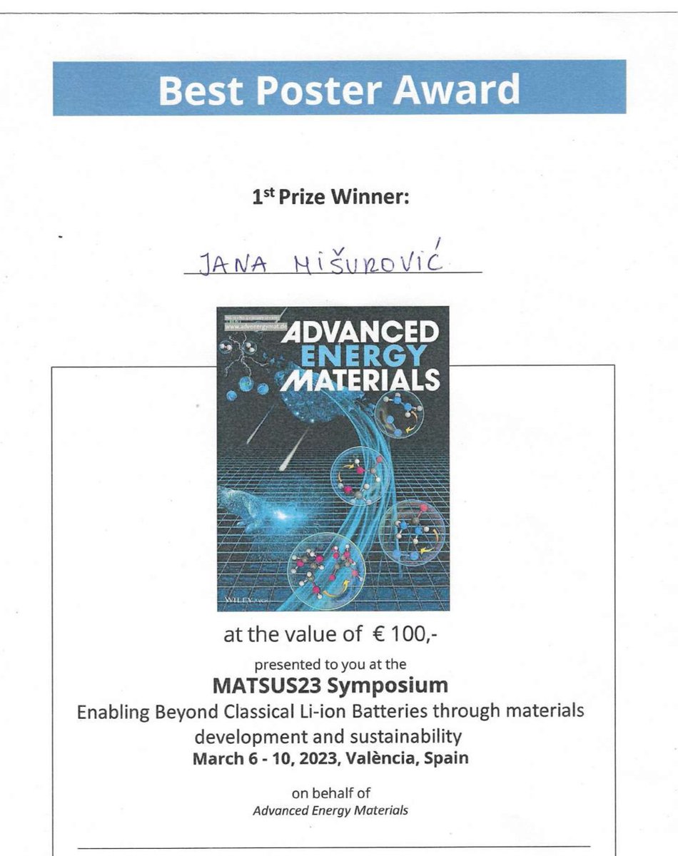 SUPERCARproject's tweet photo. Our team member @JanaMisurovic was awarded the best poster at the #MATSUS23 conference in Valencia (#SUSBAT symposium). @nanoGe_Conf She presented the project results "Vine shoots-derived hard carbon as an anode for Na-ion batteries." @NATO_SPS @MilicaVujkovic2 @AlexandraGez95 https://t.co/i5ApRvY8Xd
