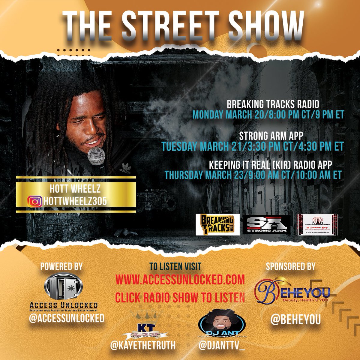 access_unlocked's tweet photo. This week on The Street Show our special guest @hottwheelz305 be sure to tune in  #kayethetruth #djant #wildmanteddyt #fleetdjs #talkshow #podcast #accessunlocked #news #media #indiemusic #network #branding #talkshow #branding #marketing #promo #pop #hottwheelz305 #breakingtracks https://t.co/7BlvVLp3hx