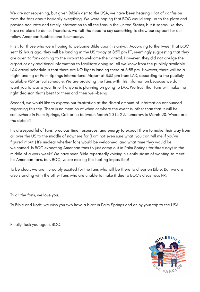 BibleBuild_USA's tweet photo. [Notice] Regarding Bible's Visit to USA

We are not reopening but we want to share some information to the fans and to express our frustration with BOC for this event.

#BIBLEFLYTOPALMSPRINGS https://t.co/rf3AzjkDBu