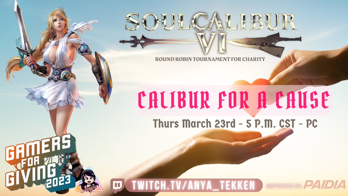 Join us for a good cause in this #SoulCalibur VI round-robin tournament this Wed, March 23rd. 

🌟 All proceeds will go towards #GamersForGiving which is a charity event dedicated to bringing video games to children's hospitals.

👉 Capped at 16 players. Free Registration.