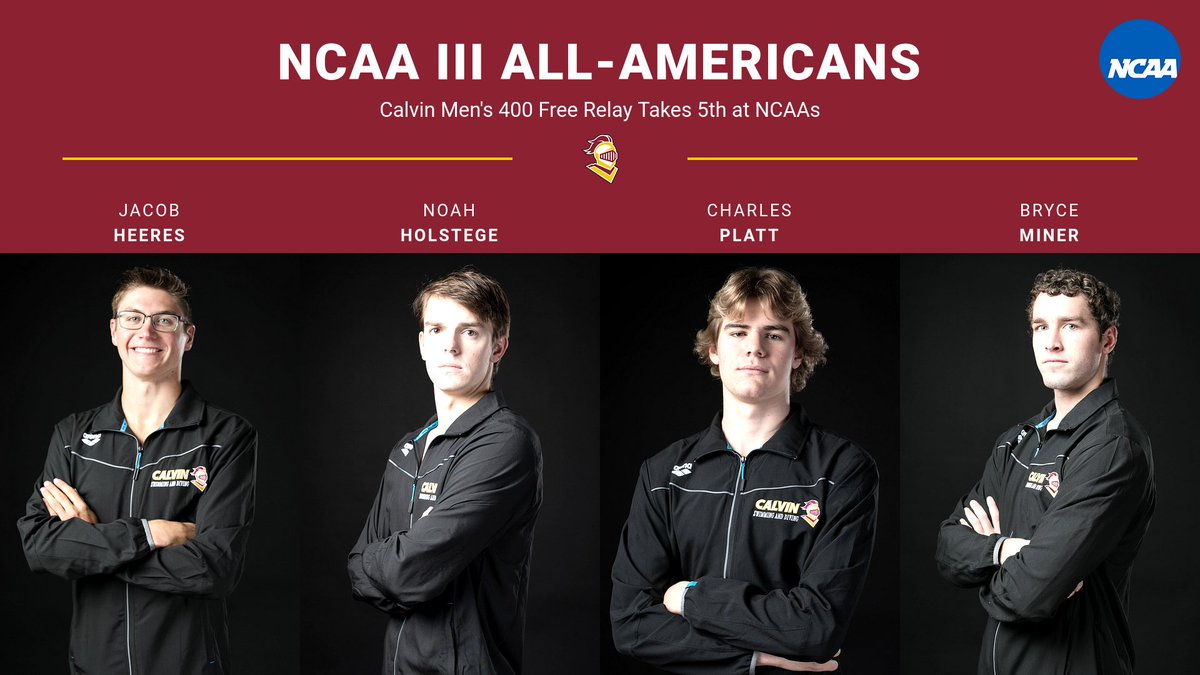 Calvin Knights (@calvinknights) on Twitter photo Recapping our All-Americans for <a href="/calvinswimming/">Calvin Swimming and Diving</a> yesterday with Jake Heeres taking 4th and Noah Holstege taking 7th in the men's 100 free; the women's 400 free relay taking 10th for 2nd Team All-America honors and the men's 400 free relay splashing home in 5th! #GoCalvin Recapping our All-Americans for <a href="/calvinswimming/">Calvin Swimming and Diving</a> yesterday with Jake Heeres taking 4th and Noah Holstege taking 7th in the men's 100 free; the women's 400 free relay taking 10th for 2nd Team All-America honors and the men's 400 free relay splashing home in 5th! #GoCalvin