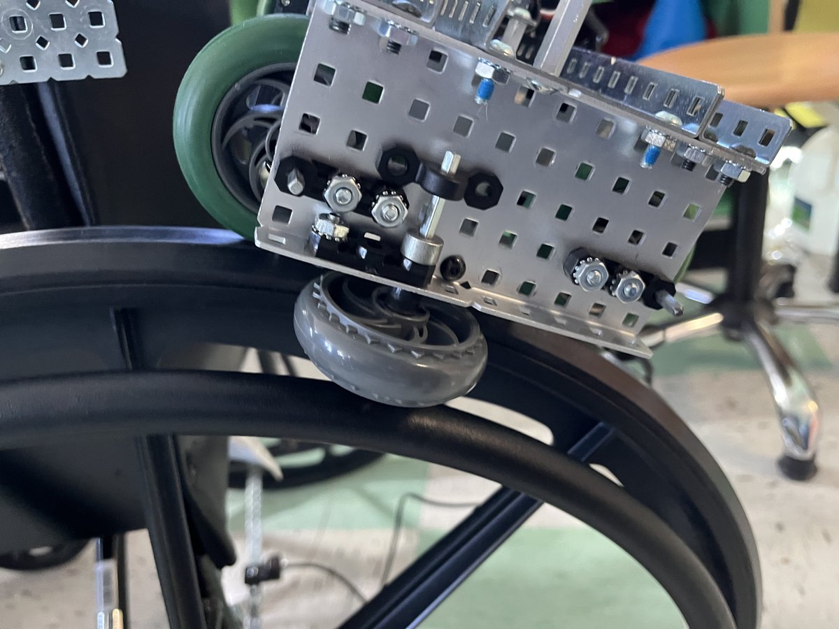 During our testing, we noticed that the base would slip off the wheels after a few minutes of testing. After finding a good location, we added some wheels to the side to prevent the slipping.