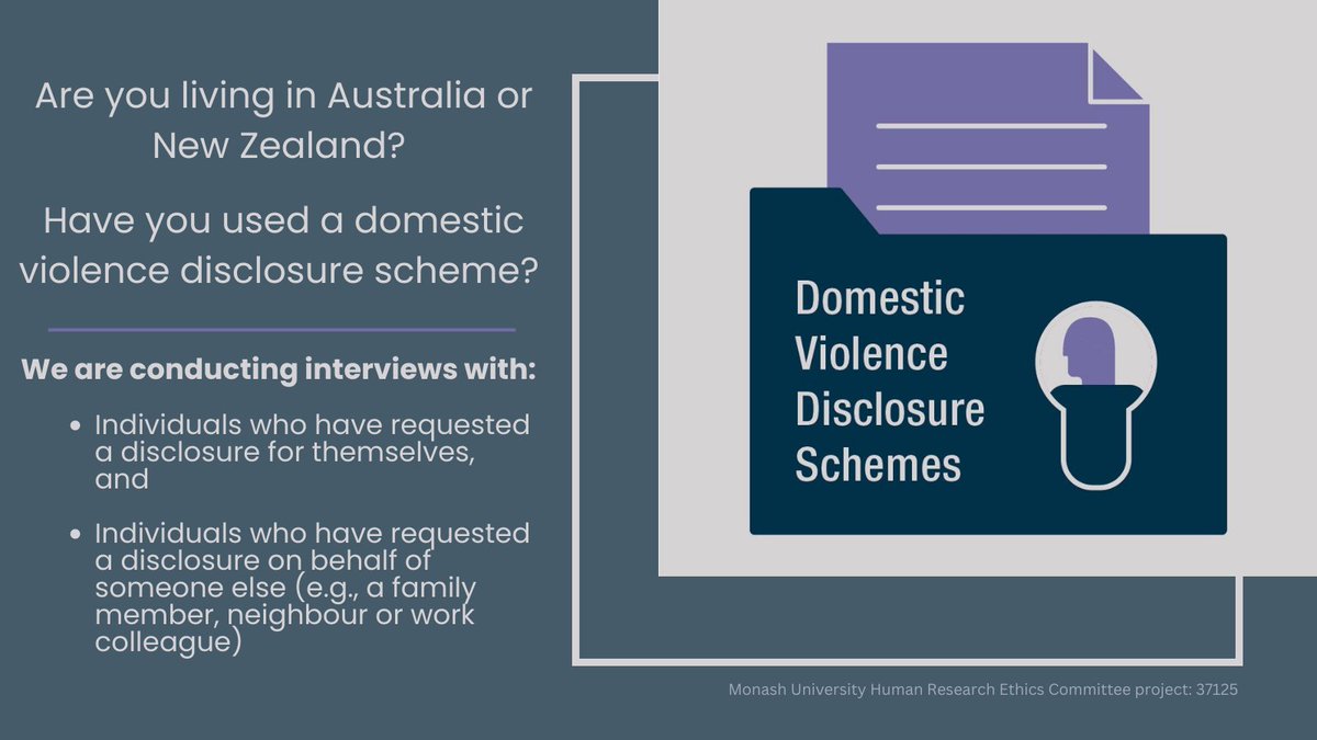 Kate_FitzGibbon's tweet photo. Have you used a domestic violence disclosure scheme in Australia or New Zealand? We would like to  understand how it impacted your safety &amp; decisions in your relationship.

Pls consider participating in a short interview via phone or zoom. Further info via https://t.co/nej63jGYl3 https://t.co/k8FlwOOgiM