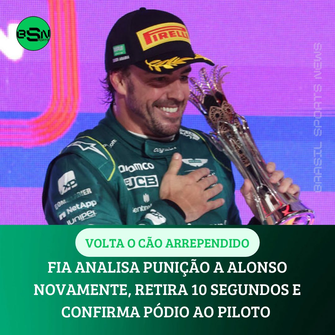 BSN_brasil's tweet photo. A FIA voltou atrás novamente na decisão da punição de Fernando Alonso. 

Após a corrida, a federação determinou o pódio ao George Russel, após analisar as imagens e determinar irregularidade no cumprimento da punição da Aston Martin nos boxes. https://t.co/K9LGoeYosN