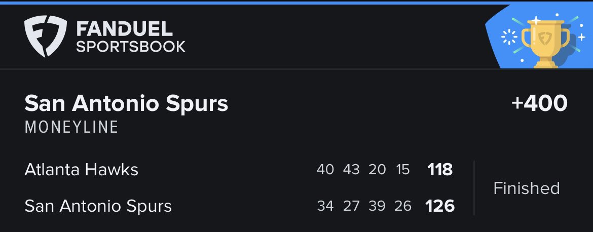 8_LEGPARLAY's tweet photo. They just keep hitting today!! LIVE BETTING SPURS MONEYLINE WINNER +400!!! 🤑🔥🔐#ATLvsSAS #nba #sportsbettingtwitter #sportsbetting #sportsbook #fanduel #bestnbapickstoday #nbapickstoday #winnerwinner #CASHIT #cashingtickets https://t.co/lrj1T5ySHI