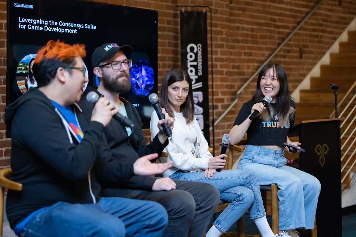 Consensys's tweet photo. Panel Discussion @ Consensys Co.Lab \\ Gaming 🎮

Our very own @_emjlin (@trufflesuite🍬), @CAnatalio (@infura_io 🔥), and Ezgi Cengiz (@MetaMaskDev SDK🦊) are joined by @jacobc_eth (@HyperPlayGaming) to discuss leveraging the Consensys suite for Game Development🚀🚀🚀 https://t.co/mctsvrnQLY
