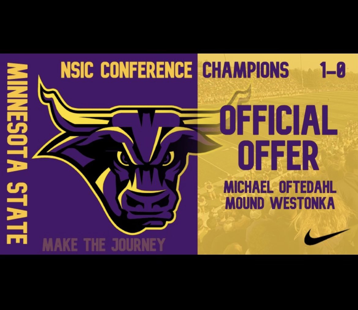 After a great conversation with <a href="/CoachBowen98/">Coach Chance Bowen</a> and <a href="/MinnStFootball/">Minnesota State Football</a> I am honored to receive my first collegiate offer from Minnesota St. Mankato! #blessedandthankful <a href="/WestonkaFB/">Westonka Football</a>