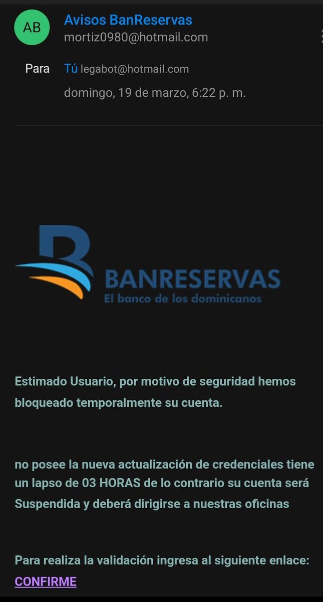 Legabot31's tweet photo. @BanreservasRD miren lo que acabo de recibir. Me imagino que debe ser de parte de algún delincuente; ahí está su correo electrónico por si sirve para algo. https://t.co/RTQI3Vmfjj
