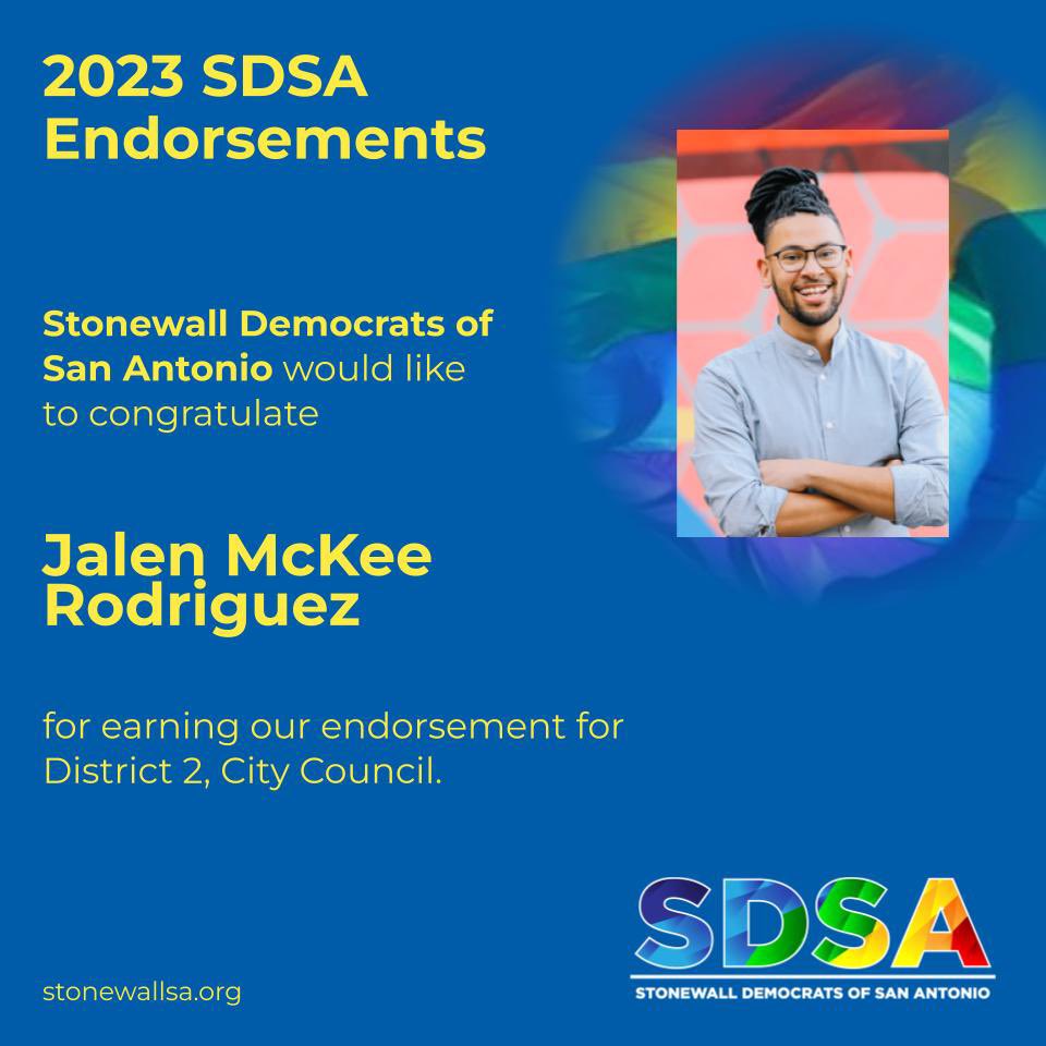 We are proud to announce the endorsement of <a href="/theloserteacher/">Jalen McKee-Rodriguez 🩷</a> for District 2, San Antonio City Council! 🏳️‍🌈🏳️‍⚧️