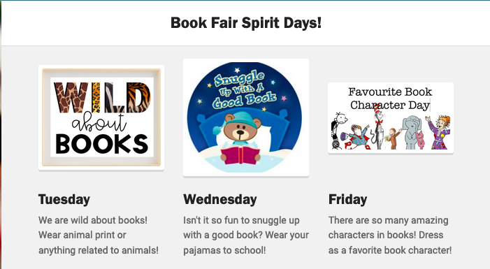 @HPClough optional spirit days (& the Scholastic Book Fair):
Mar 21: Wear animal prints/anything animal-related to show we are wild about books!
Mar 22: Wear pajamas to school because we love to snuggle up with a good book!
Mar 24: Dress as a fav book character! #cloughsoars