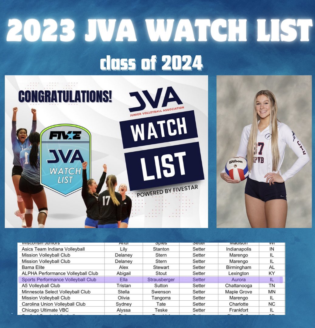 Ella Strausberger (@ella_straus) on Twitter photo Thank you @jrvbassociation for listing me in the 2023 JVA Watch List!! I can’t wait to compete🤩🤩
@SportsPerfVB <a href="/VBallrecruiter/">Kara Hill</a> <a href="/CoachSamWol23/">Sam Wolinski</a> <a href="/vballphil/">Christine Phillips</a> <a href="/Jennabanz/">Jenna Banz</a> Thank you @jrvbassociation for listing me in the 2023 JVA Watch List!! I can’t wait to compete🤩🤩
@SportsPerfVB <a href="/VBallrecruiter/">Kara Hill</a> <a href="/CoachSamWol23/">Sam Wolinski</a> <a href="/vballphil/">Christine Phillips</a> <a href="/Jennabanz/">Jenna Banz</a>