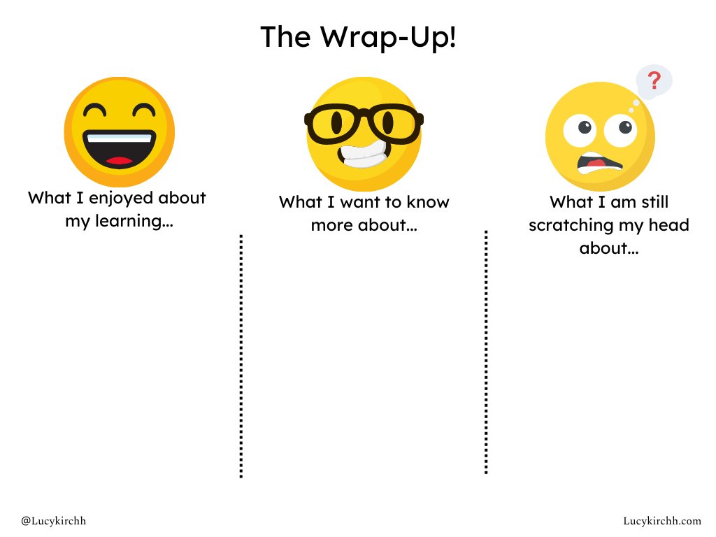 With these 3 prompts, educator <a href="/LucyKirchh/">Laurel Aguilar-Kirchhoff</a>'s Ss share their main takeaways from every class!

#TeacherTwitter #TeacherHack