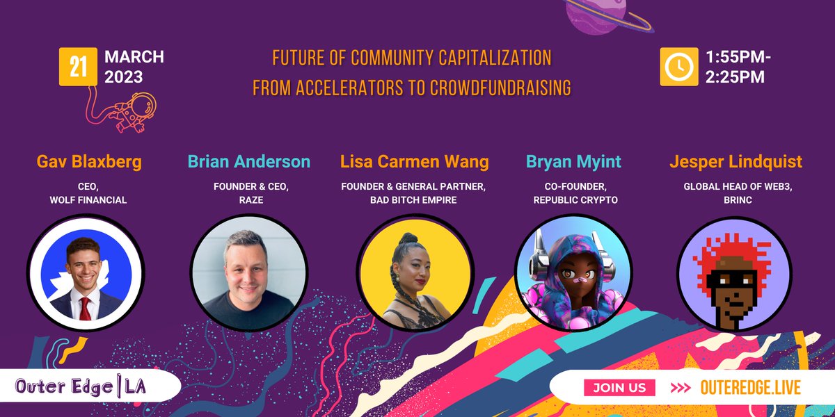 Future of Community Capitalization From Accelerators to Crowdfundraising🔦

Next week's #OuterEdge2023 includes this panel featuring @GavBlaxberg @razefinance @lisacarmenwang @bryanmyint5 @lindquest_ 🤩

Get tix NOW - bit.ly/3ZHJiHT ✈️