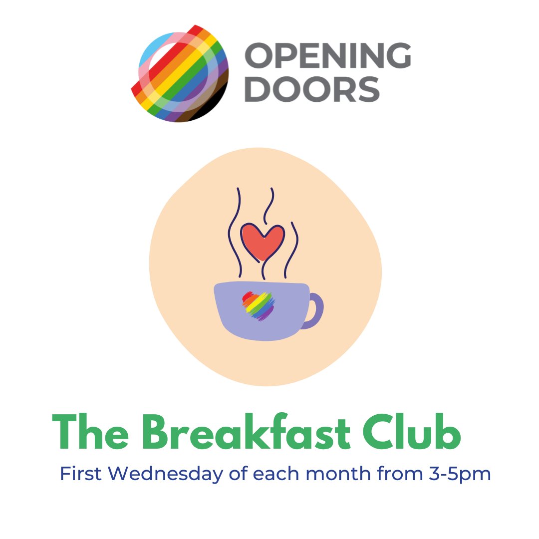 Meet other Opening Doors members for a chat and a laugh at a cafe in Battersea.  

Free tea, coffee and snacks provided (not breakfast!) - first Wednesday of each month ☕️ 

For more info visit: bit.ly/3CNWGkK 

<a href="/TheBrekkyClub/">The Breakfast Club</a> 
@LGBTQWandsworth 
#LGBTQ50