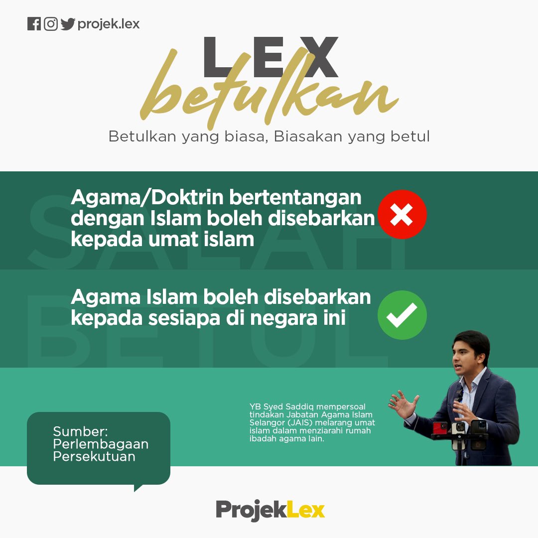ProjekLex's tweet photo. LEX BETULKAN | Kebebasan beragama adalah satu hak yang termaktub dalam Perlembagaan Persekutuan. Ini dapat dilihat pada Perkara 11(1) yang menyatakan setiap orang ada hak untuk mengamalkan agama mereka. https://t.co/i2u1hBxwbz