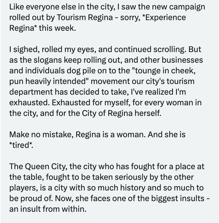 PaulDechene's tweet photo. I was just shared this response to Experience Regina/Tourism Regina/REAL's "Show us your…" &amp; "Rhymes w/" campaigns. I think this encapsulates pretty well what was objectionable about it… #yqrcc https://t.co/gd7pXNnlwm