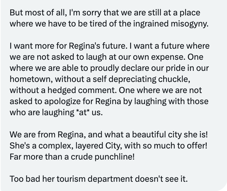 PaulDechene's tweet photo. I was just shared this response to Experience Regina/Tourism Regina/REAL's "Show us your…" &amp; "Rhymes w/" campaigns. I think this encapsulates pretty well what was objectionable about it… #yqrcc https://t.co/gd7pXNnlwm