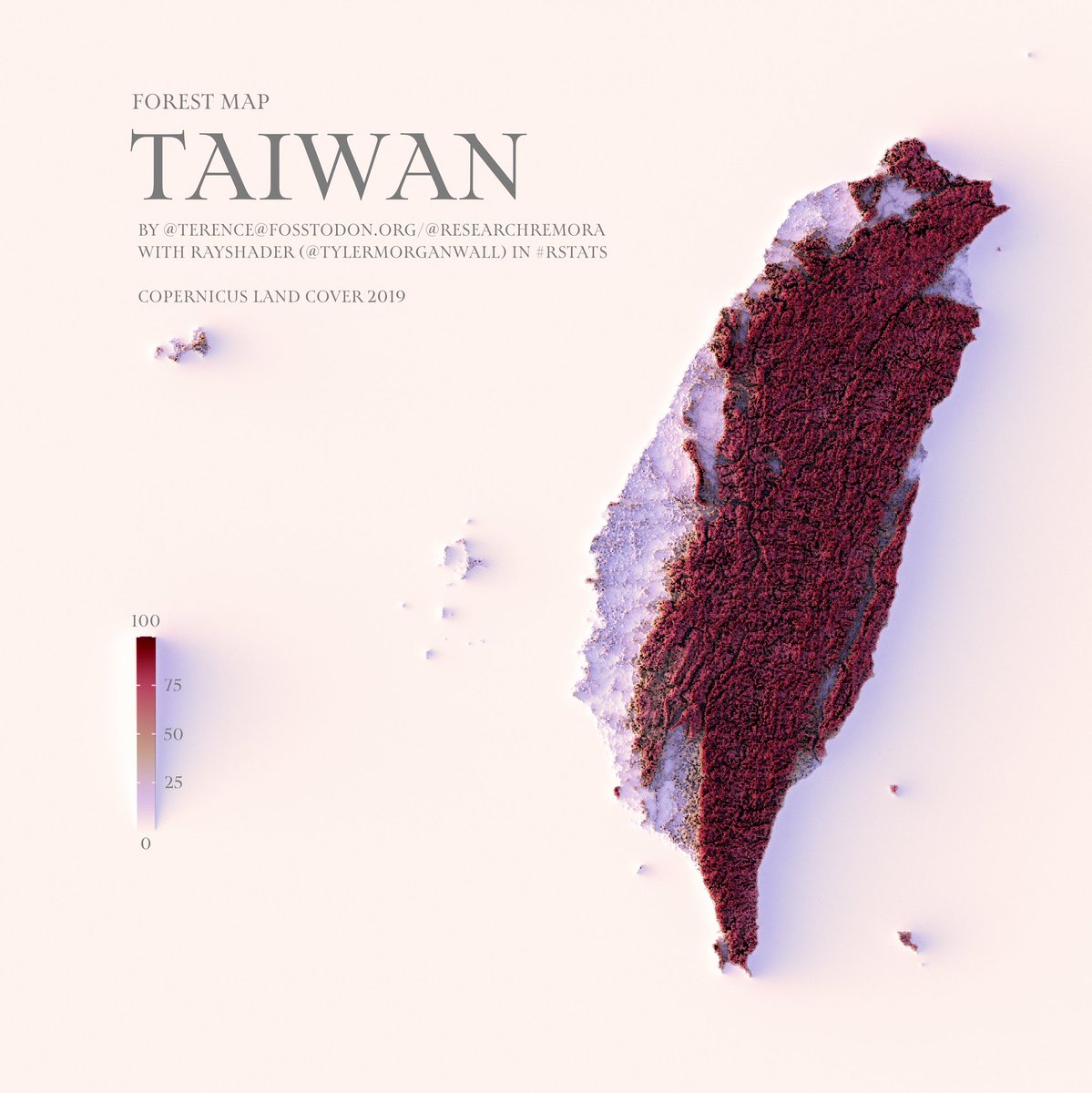 A forest cover map of Taiwan using 2019 data. #rayshader adventures, an #rstats tale