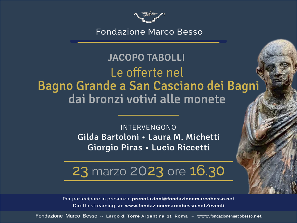 fondmarcobesso's tweet image. #savethedata Giovedì 📅 23 marzo alle 🕰 16.30 alla #FondazioneMarcoBesso, Largo di Torre Argentina 11 - #Roma, conferenza del Professor Jacopo Tabolli, Università degli Studi di Siena, coordinatore e direttore scientifico della campagna di scavi a #sancascianobagni.
Info: 👇👇👇