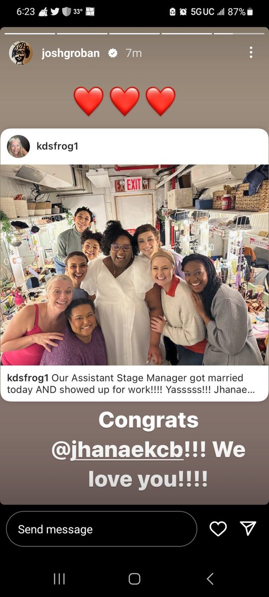 Timpanist's tweet image. #instastory from @joshgroban &quot;Congrats @jhanaekcb!!! We love you!!!!&quot; ❤❤❤ #AssistantStageManager #JustMarried 💘🫶🏽💍 @SweeneyToddBway