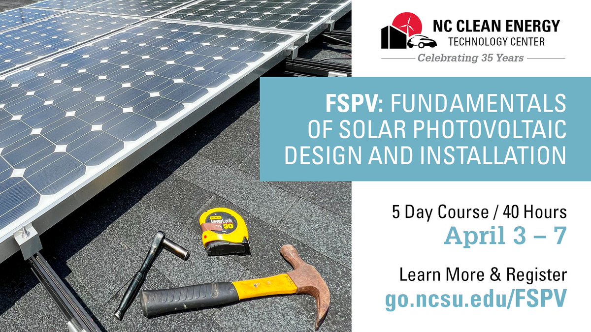 Broaden your horizons at the FSPV: Fundamentals of Solar Photovoltaic Design &amp; Installation course April 3–7! Gain essential knowledge to strengthen your solar skills. A hands-on day installing a PV system rounds out the 5-day workshop.
Learn more: go.ncsu.edu/fspv