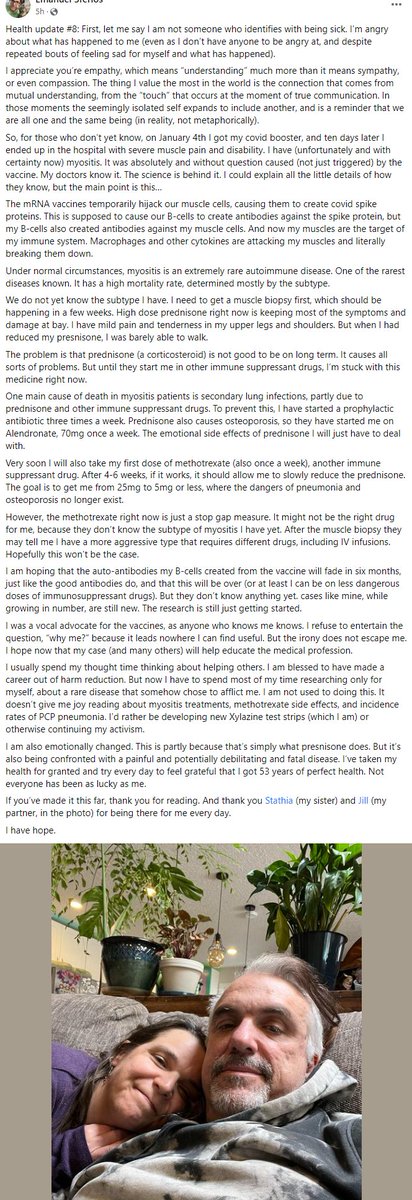 Emanuel has vaccine-induced Myositis. 

'I got my covid booster, and ten days later I ended up in the hospital with severe muscle pain and disability. I have (unfortunately and with certainty now) myositis.
 
It was absolutely and without question caused (not just triggered) by…