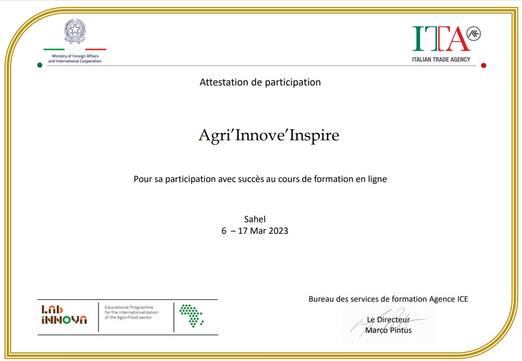 Honoré d'avoir participé et validé aux côtés d'autres entreprises nigériennes, maliennes et burkinabè la formation sur l'exportation des produits agricoles sur le marché européen. 
Merci à <a href="/ItalyinNiger/">ItalyinNiger</a> pour l'opportunité. C'était très intéressant.
<a href="/GattoEmilia1/">Emilia Gatto</a> <a href="/PresidenceNiger/">Présidence du Niger</a>