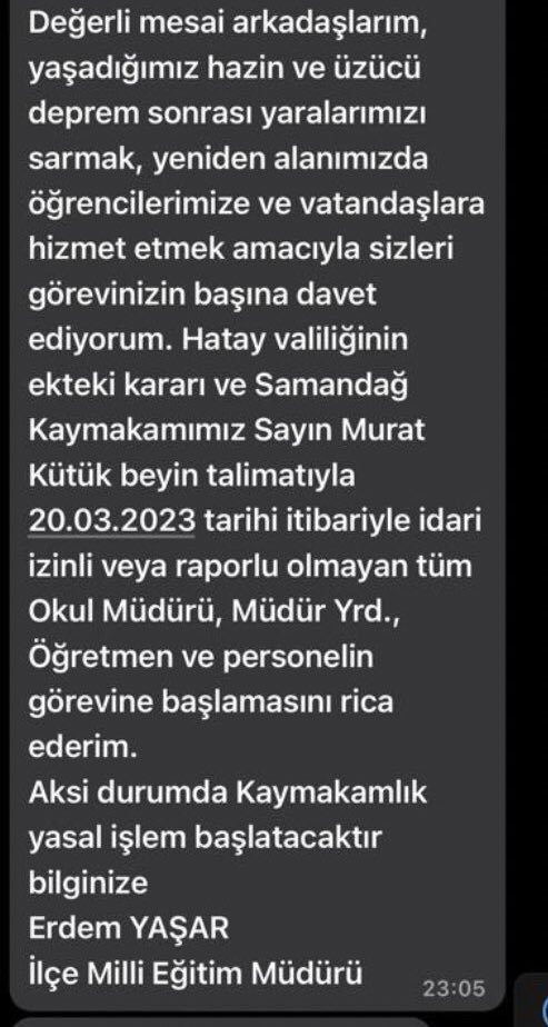 Samandag İlçe mem müdürü 19 mart akşam 11 de mesajla depremzede öğretmeni  20 martta göreve çağırıyor
Gelmezse yasal işlem
insaf, vicdan ,insanlık
Kime şov yapılıyor
Bu nasıl bir devlet yönetimi?
<a href="/prof_mahmutozer/">Mahmut Özer</a> 
<a href="/HatayValiligi/">T.C. Hatay Valiliği</a>
<a href="/TC_Samandag/">Samandağ Kaymakamlığı</a>
<a href="/hataymem/">Hatay İl Millî Eğitim Müdürlüğü</a>
<a href="/samandagmem/">Samandağ İlçe Milli Eğitim Müdürlüğü</a>