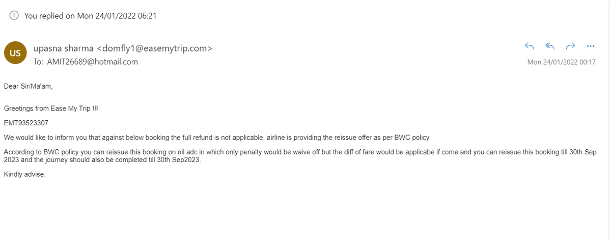 aroramit89's tweet photo. @easemytrip_care @EaseMyTrip @MoCA_GoI @British_Airways It has been over an year, I am seeking a reschedule/Refund of fare, I provided proofs of my health condition at that time which was accepted. Still everytime I get a reply that EMT is waiting to hear from airline. PNR-6J34K2 https://t.co/swvlHdjMxQ