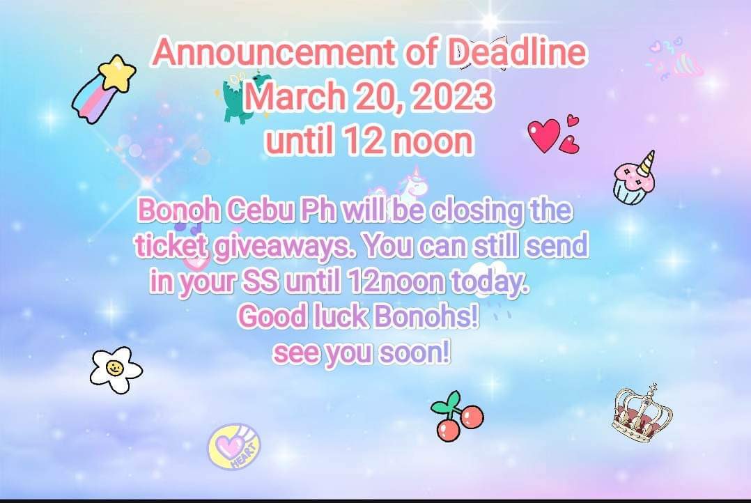 Shawty_PH's tweet photo. Maayong Buntag! Bonoh(s)
โTHE TICKET GIVEAWAYSโ will beclosing today but you can still send in your SS(KCL) until 12NN PST today.
Best of Lucks, BoNohs๐๐ช See you on the day of the fanmeet โจ
#BonohCebu #BossNoeul #Bosschaikamon #Noeulnuttarat #Bonoh #TicketGA https://t.co/B6DehoLi42