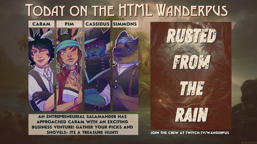 LockstitchRPG's tweet photo. On tonight's episode of the #HTMLWanderpus Interactive #TTRPG:
An entrepreneurial salamander has approached Caram with an exciting business venture! Gather your picks and shovels- its a treasure hunt!
Starring Caram, Pim, Cassidus, and Simmons!
#actualplay #twitchplaysdnd https://t.co/GvRpJrDWzD