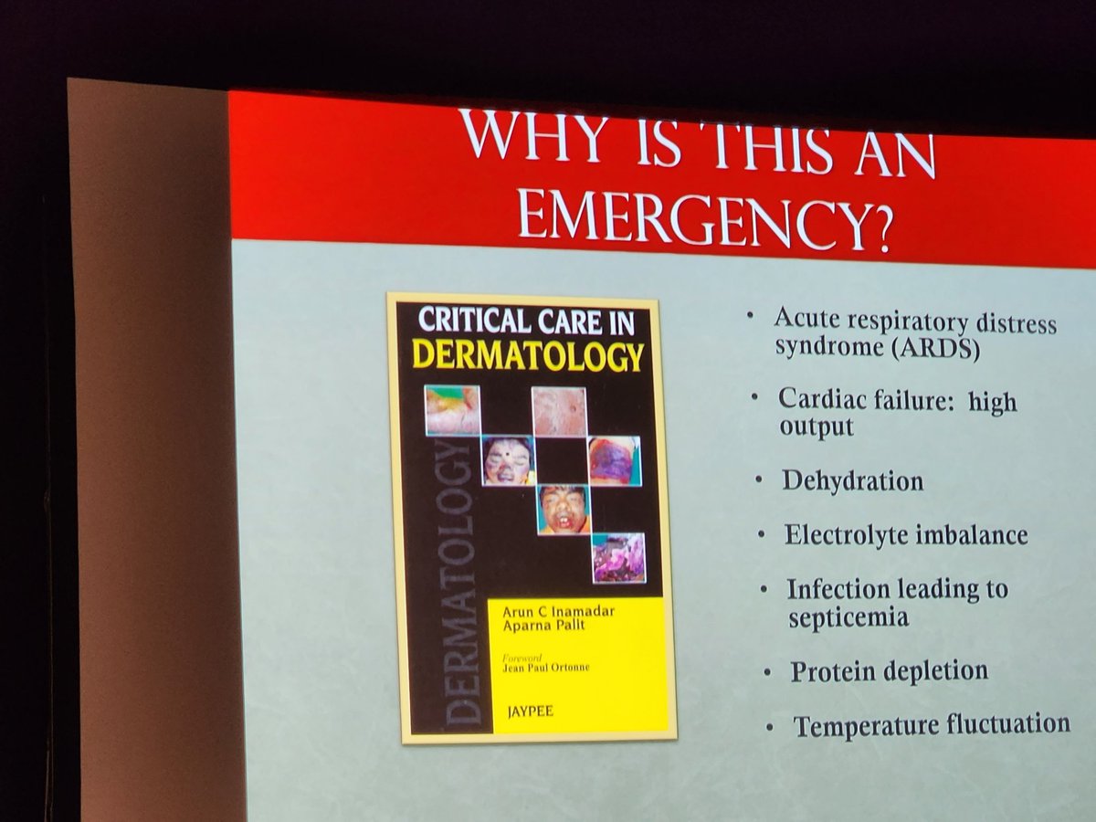 Nice to see slide mentioned about our book on ' Critical care in Dermatology ' by Prof. Lawrence Parish during a talk on ' erythroderma ' at #AAD2023 . Nice feeling that , yes our work is recognised globally .