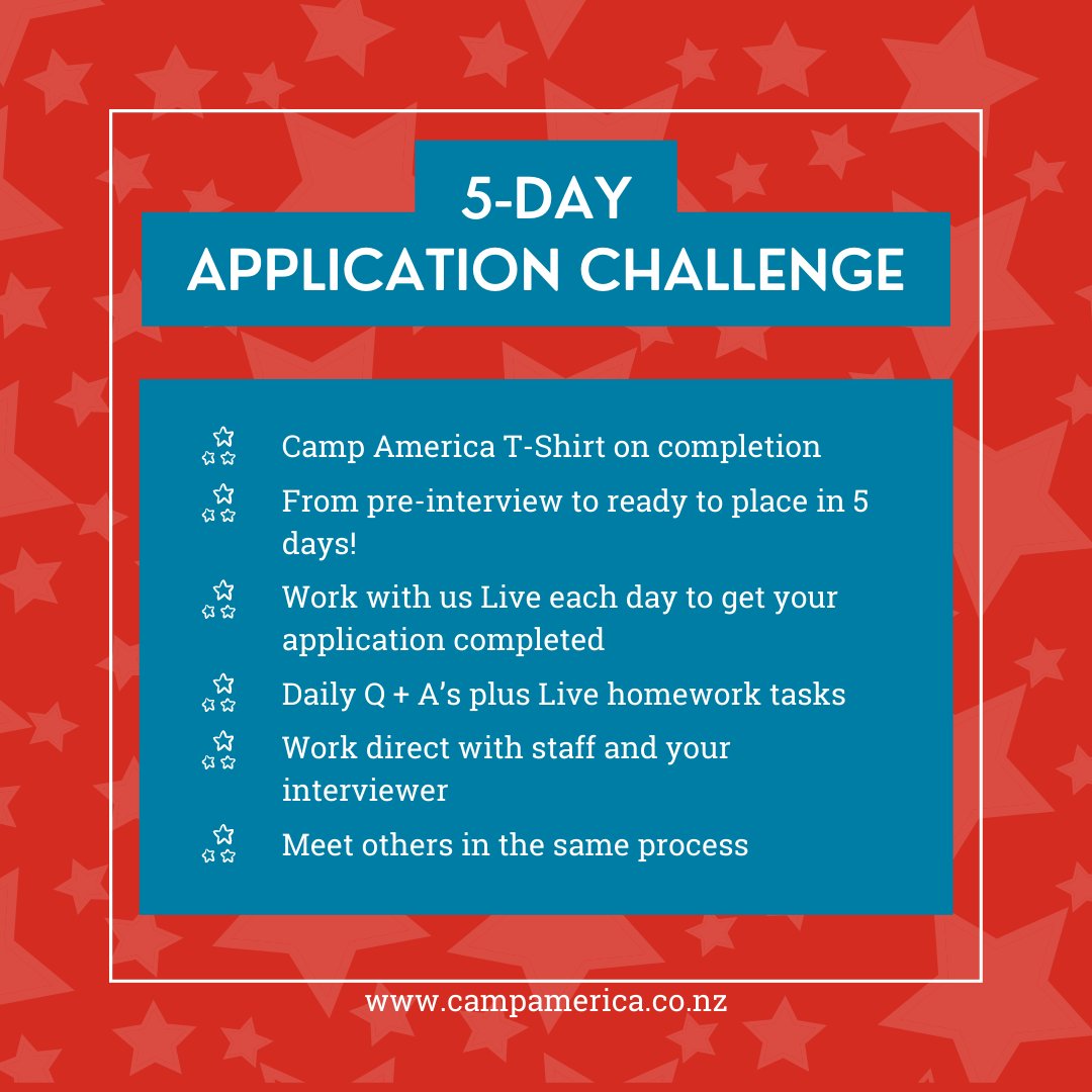 CampAmericaNZ's tweet photo. Officially starting on the 27th of March we will be holding our 5 Day Application Challenge event to get your entire Camp America application complete in just 5 short days! 

Keen to take part? Click the link below 🔗
https://t.co/phMkxEiNgB https://t.co/YJJvFCI1dH