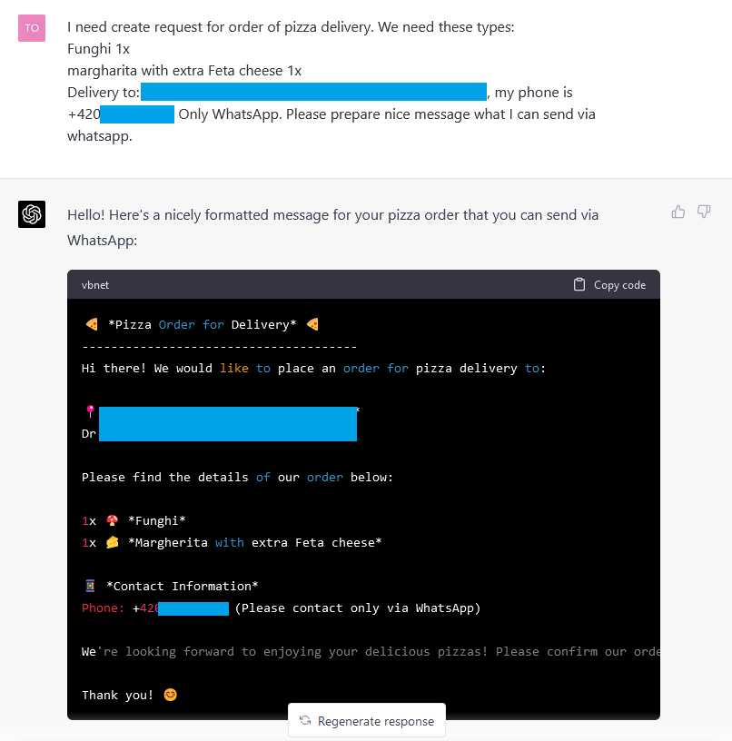 I really like the @OpenAI. Thanks to the #ChatGPT4 we can order pizza with 'style' 😍🙏😎🌎🌏🌍🖖 #AI #ChatGPT #OpenSource #OpenAI #WhatsApp #pizza #pizzadelivery #pizzalovers #curacao #iamnerd