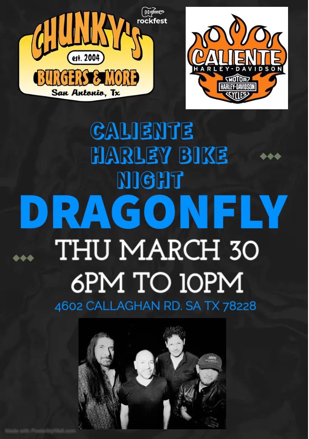 chunkysburgers's tweet photo. Mark the date! Dragonfly is back! ๐ค๐ผ๐ค๐ผ๐ #livemusic #bestburgersintown #Bikernight #calienteharleydavidson https://t.co/4kDgZN27EX